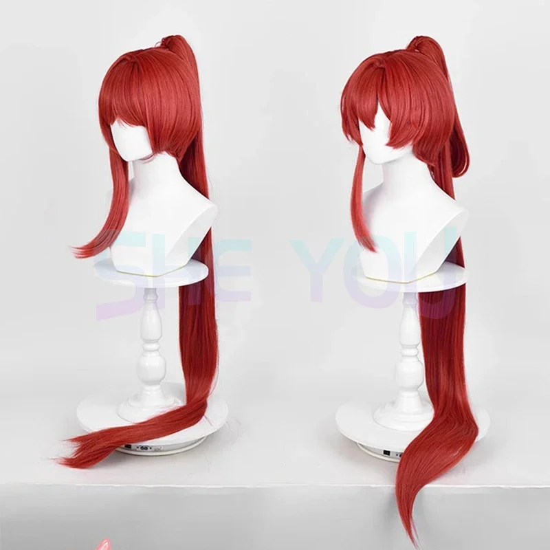 Yinlin Cosplay Wig Anime Long Red With Ponytail Unisex Wig Heat Resistant Synthetic Hair Halloween Party Wigs Wig Cap