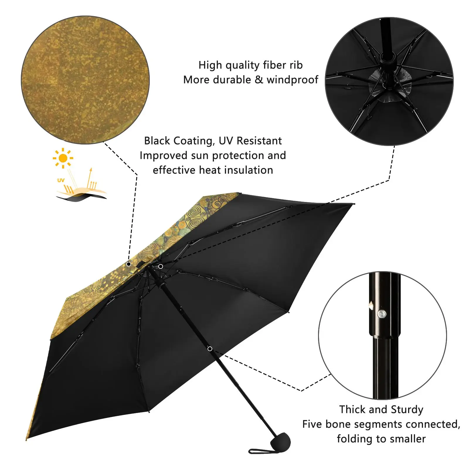 Gold Gustav Klimt Art Painting Small Pocket Mini Umbrella Ultra Light Five Folding Women\'s Rain Umbrella Parasol Outdoor Travel