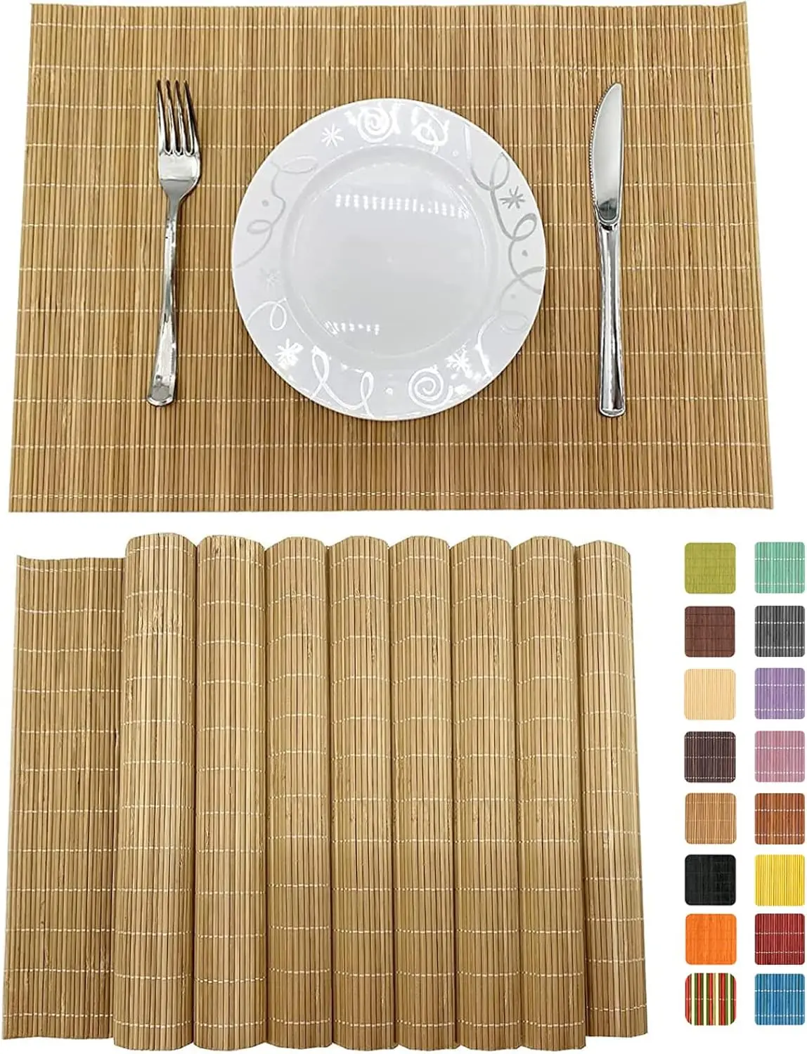 

Set of 8 Pcs Bamboo Placemats Sushi Rolling Mat Japanese Style Natural Anti-Slip, Washable Heat-Resistant Table Mats for Dining