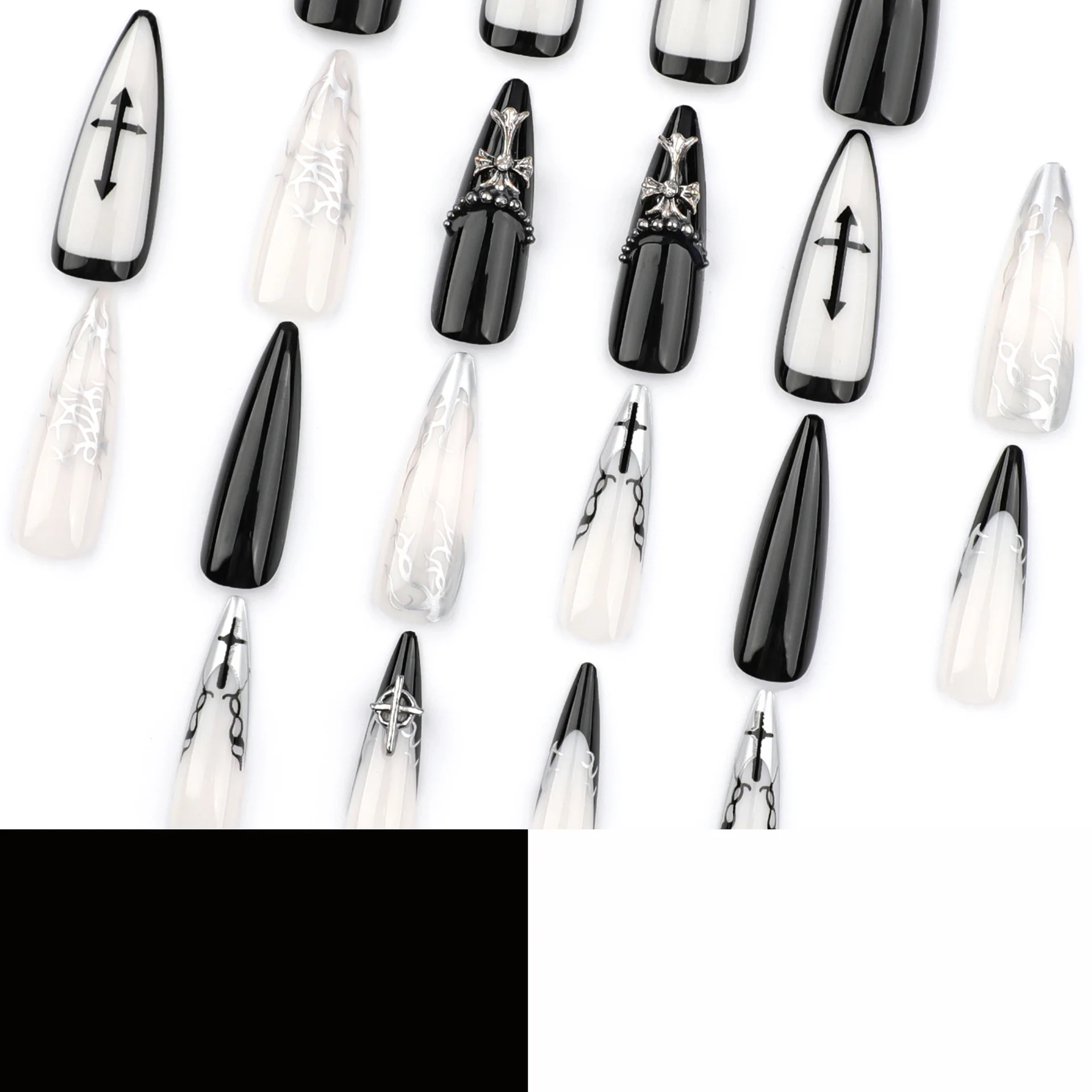 24개 롱 프레스온 네일, 글루 포함 아크릴 인조 손톱 팁, 장식 스티커 젤 가짜 손톱 세트 여성용, 네일 아트 키트