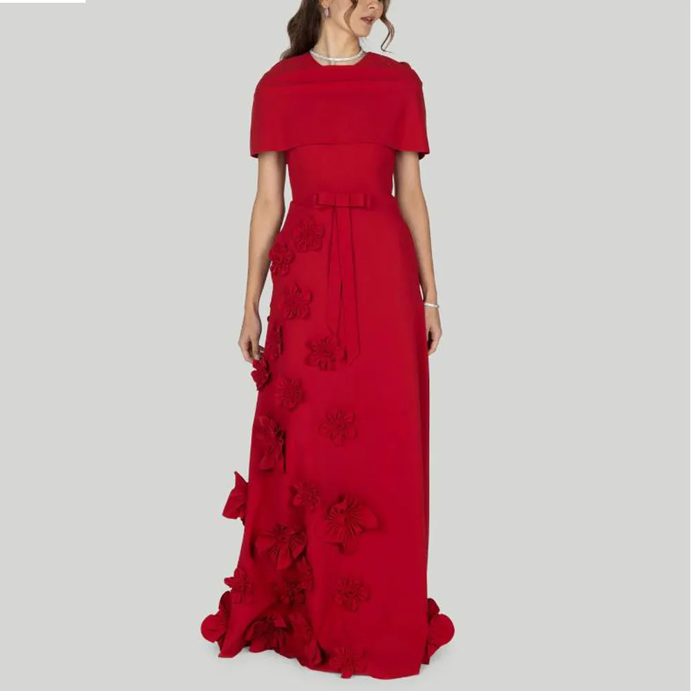 

Вечернее платье с рукавами-накидкой по индивидуальному заказу и цветком ручной работы, трапециевидные свадебные платья для гостей, атласные вечерние платья с круглым вырезом