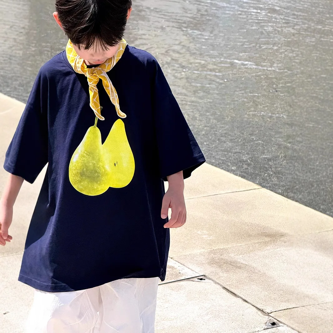 Children's Short sleeved T-shirt 2025 Summer New Design Sense Boys' Green Pear Fruit Printed Loose T-shirt Girls' Top