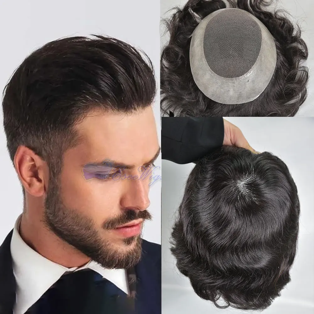 Men's European Human Hair Toupee 1B Density 130% 6x9 7x9 8x10 10x8 French Lace & PU 6 Inch Loose Waves Hairpiece