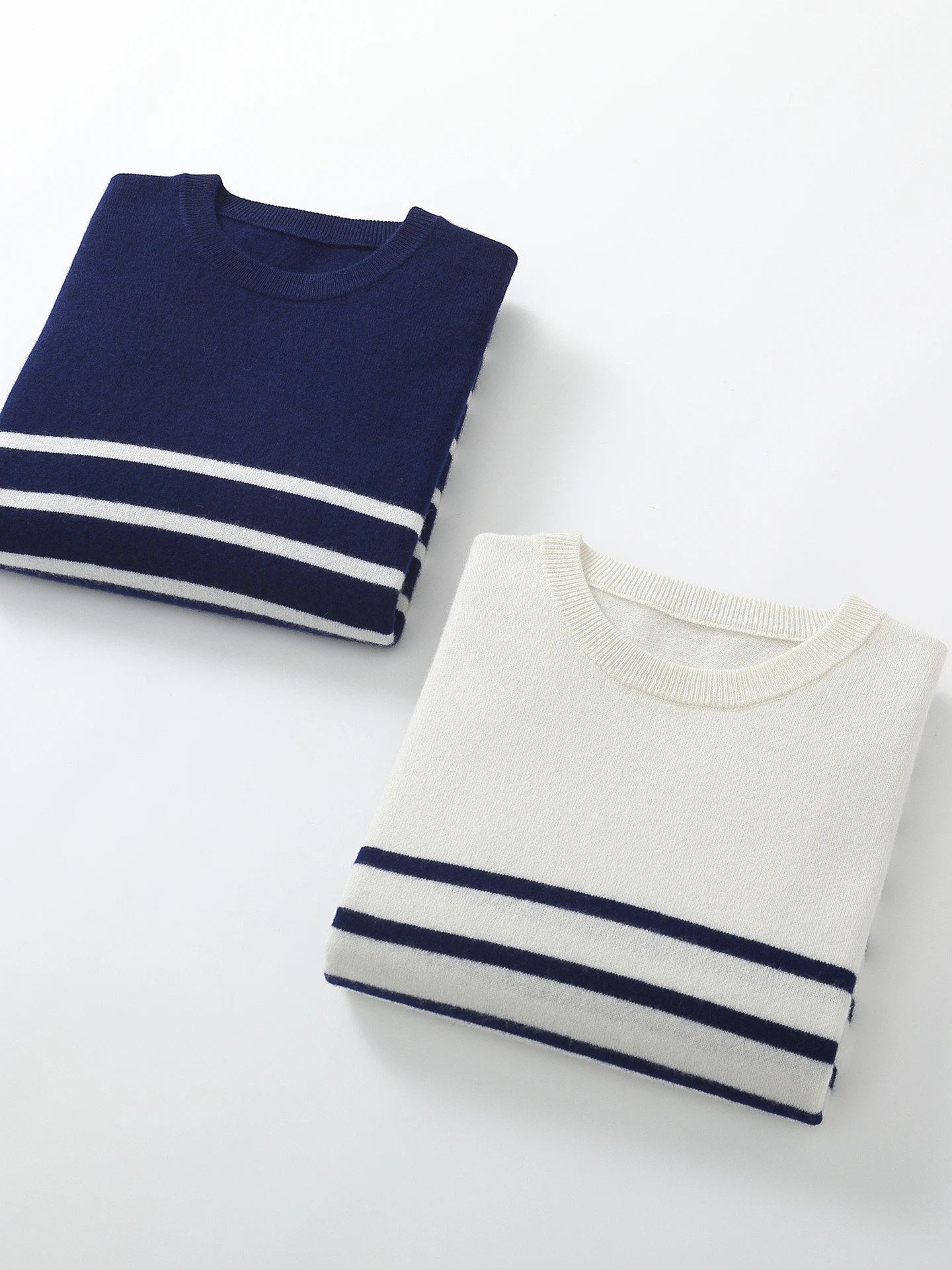 Autumn and winter 100% pure cashmere sweater men's round neck sweater color matching stripe navy cashmere knit bottoming shirt
