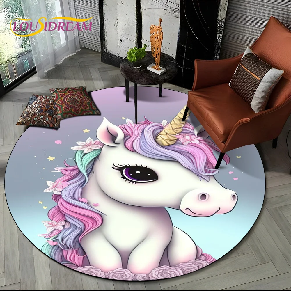 3D Cartoon Cute Unicorn Girl Gift Round Carpet Rug for Living Room Bedroom Child Playroom Decor,Pet Area Rug Non-slip Floor Mat