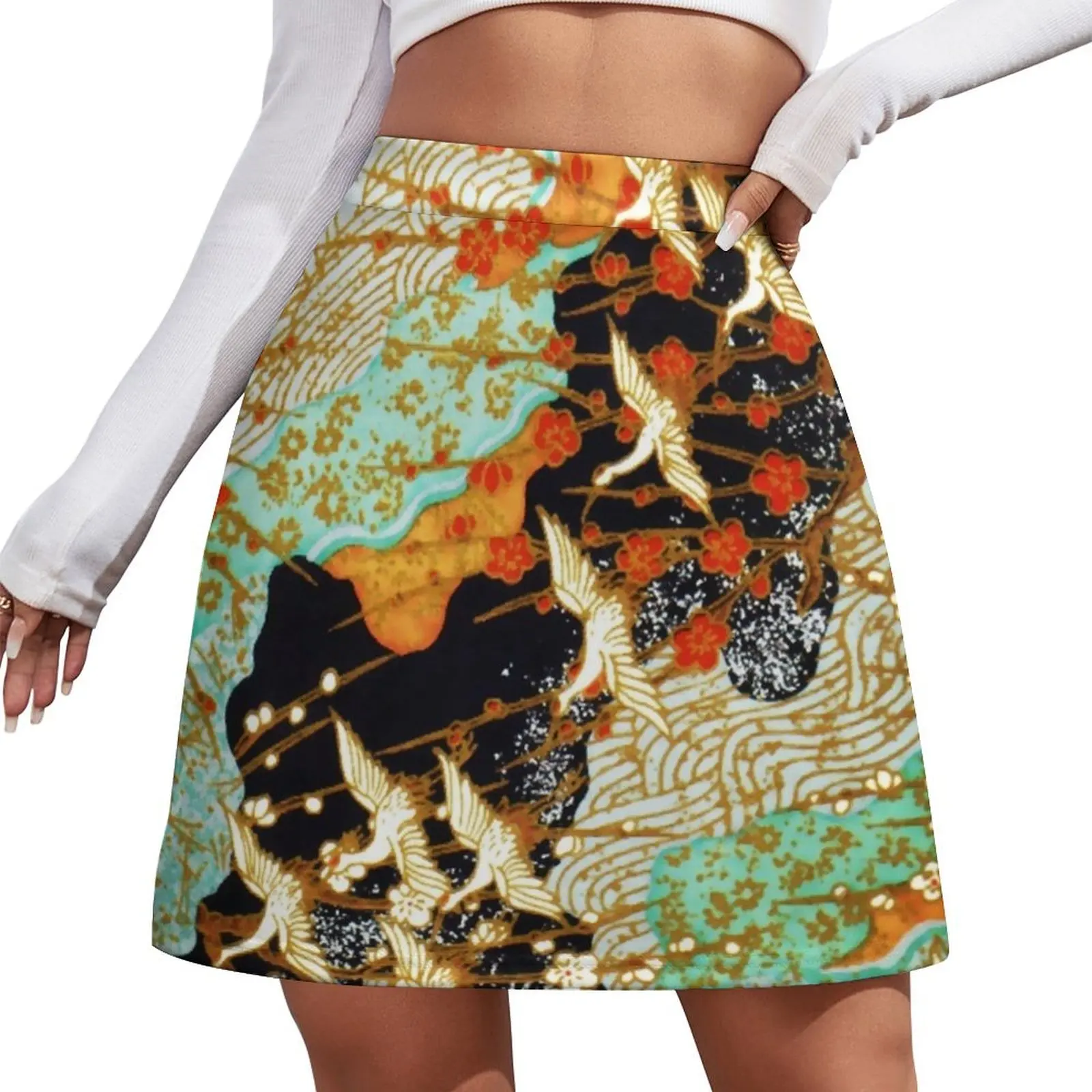 FLYING CRANES AND SPRING FLOWERS Antique Japanese Floral Mini Skirt new in clothes short skirt womens skirts Mini Skirt