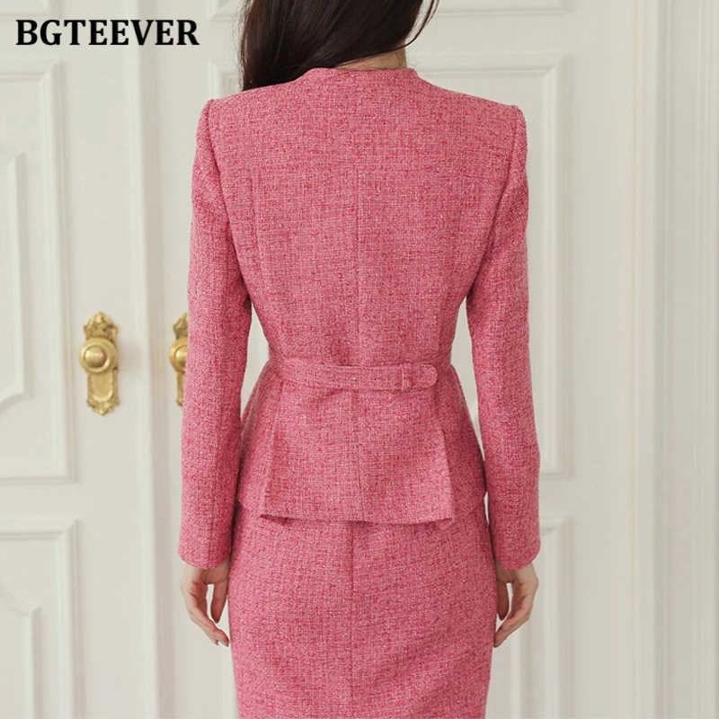 BGTEEVER Chic Elegant Slim Women 2 Pieces Skirt Set Long Sleeve Belted Single-breasted Jackets & High Waist Package Hip Skirts