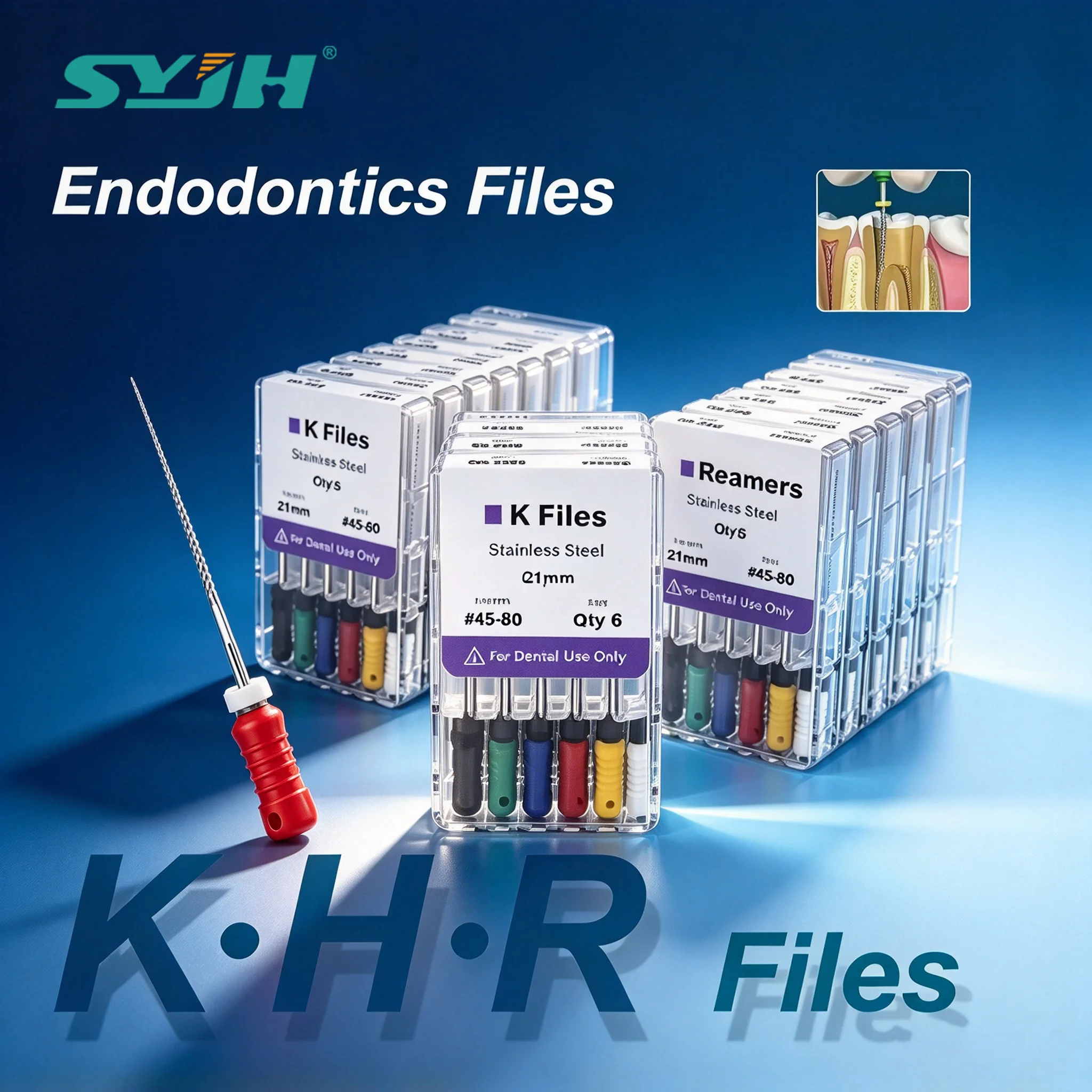 SYJH Dental Endodontic K/H/R Files Hand Use Stainless Steel 21/25/28/31mm 10 Packs/Box for Root Canal Treatment Cleaning Shaping