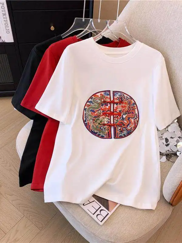 

Loose plus Size Women's Short Sleeve T-Shirt Embroidered Breathable Summer Base Shirt Casual Top Chinese Style plus Size