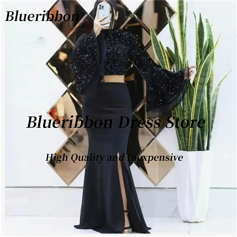 

Blueribbon Black Prom Dresses Two Pieces Long Sleeves Sequins Top Cocktail Party Evening Dress Mermaid Side Slit Vestidos Des