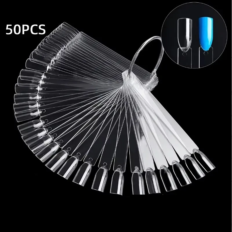 50 عصا عينة للأظافر مع حلقات، أطراف عرض ممارسة الأظافر على شكل مروحة شفافة، أعواد عينات الأظافر، عرض ملون لممارسة فن الأظافر