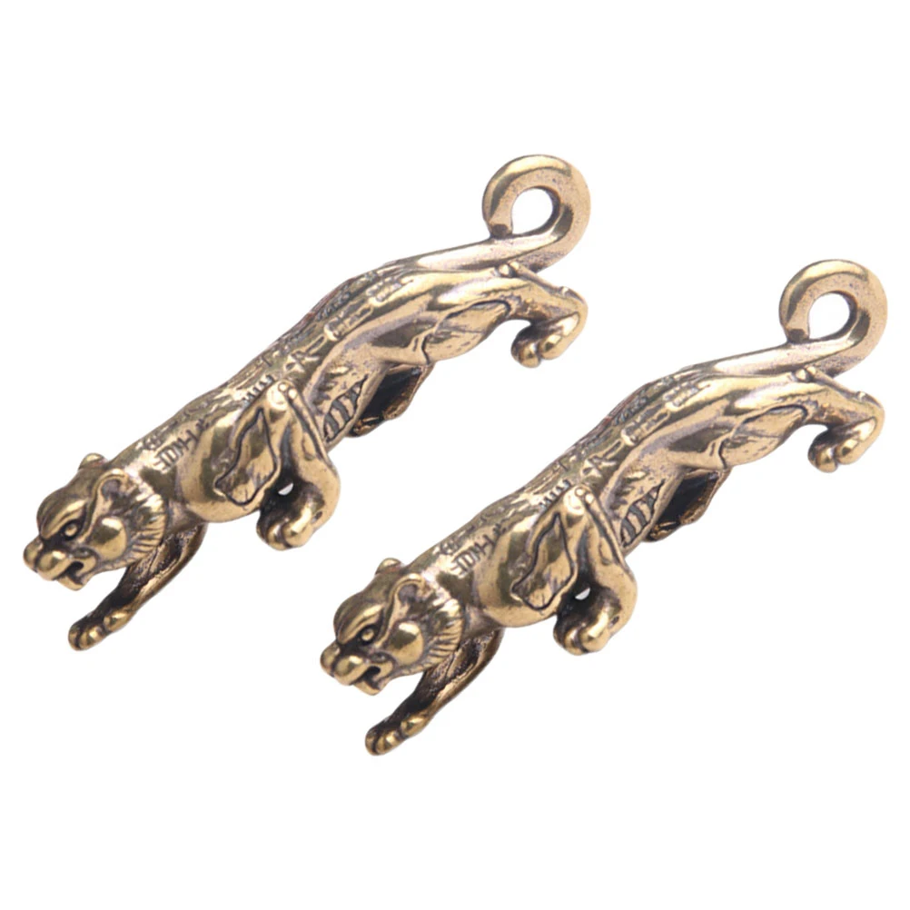 2pcs Tiger Keychain Pendant Brass Craft Key Ring Decorative Ornament for Home Office Retro Decoration Shiny Tiger