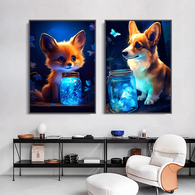 Cute Animal Poster Blue Fluorescence Butterfly Lion Dog Monkey Tiger Prints Canvas Painting Wall Art Picture Kids Room Decor