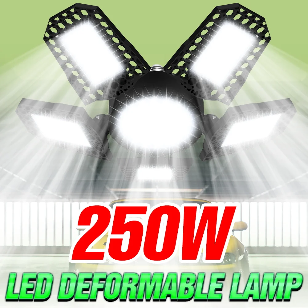 

250 Вт светодиодная лампа E27/E26, гаражные светильники, складная деформационная потолочная лампа, домашний склад, подвал, освещение мастерской, холодный/теплый белый
