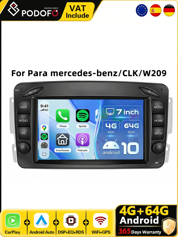 Podofo 7-Zoll-CarPlay-Android-Radio für Mercedes-Benz CLK W209 1998-2004, intelligentes 2-DIN-GPS-FM-Stereo-Empfänger-Autoradio, Multimedia-Player, Armaturenbrett-Haupteinheit