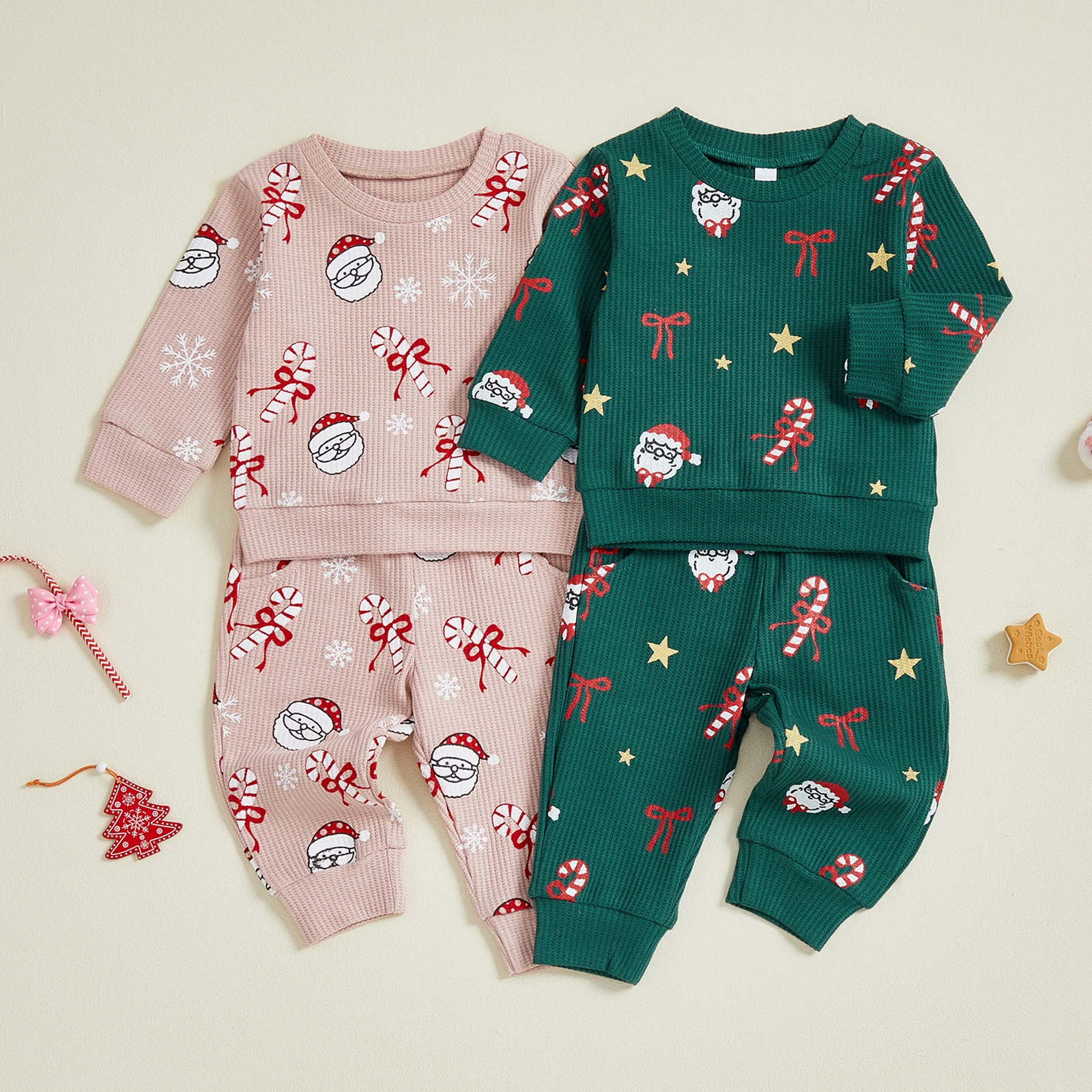 2026 السنة الجديدة عيد الميلاد طفلة 2 قطعة ملابس عيد الميلاد طويلة الأكمام سانتا كاندي قصب طباعة البلوز فستان أطفال مع سروال داخلي طفل الملابس