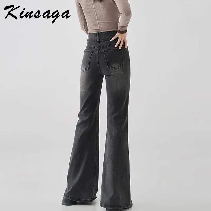 Kinsaga Black Gray High Waist Micro Flared Jeans Women Vintage Pear Shape Double Button Bell Bottom Mopping Denim Pants