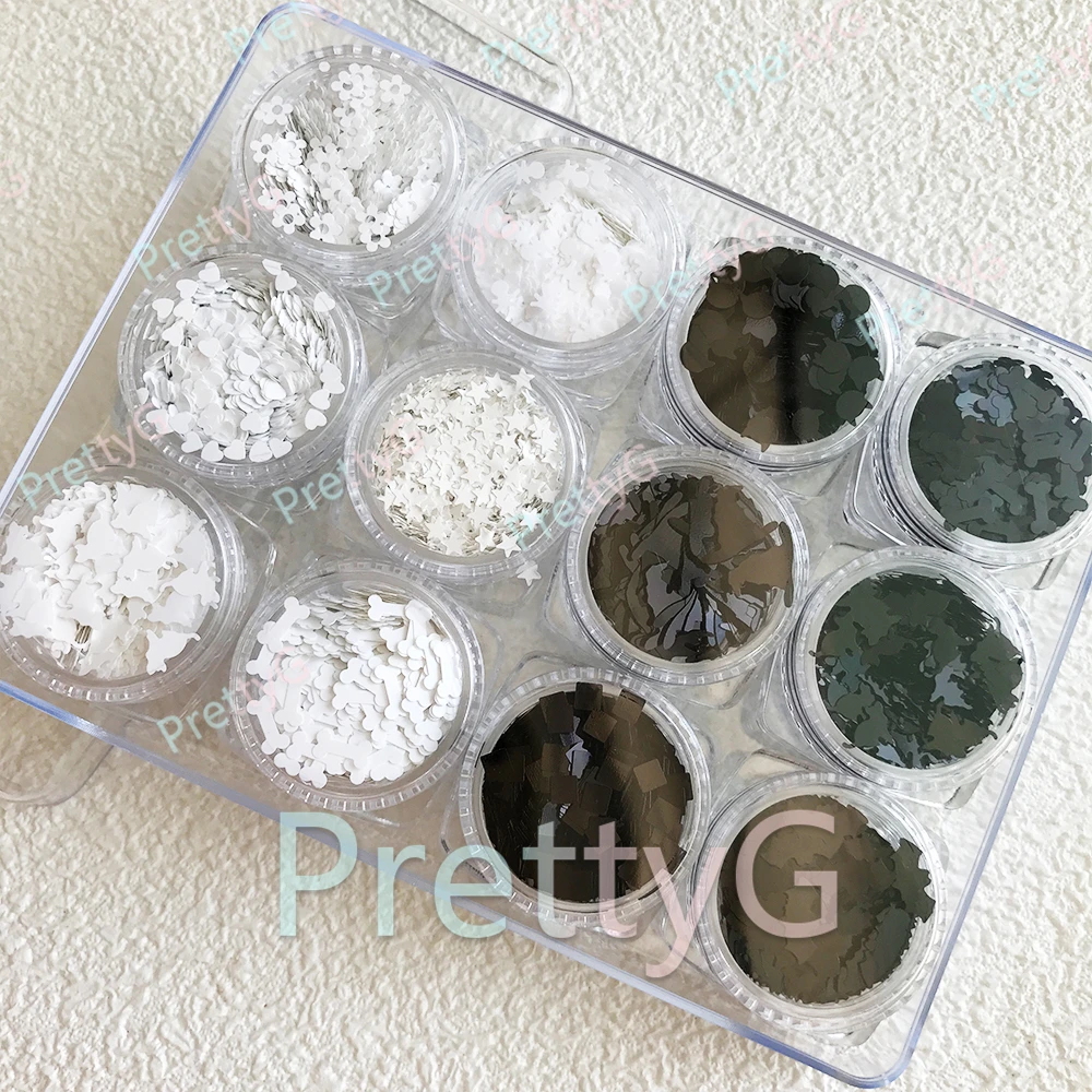 PrettyG 12-Farben-Set für Halloween, glitzernde Form, Skelett, Fledermaus, Katzenknochen, Hexenhut, glitzernde Pailletten für DIY-Gel-Nagelkunst-Dekoration