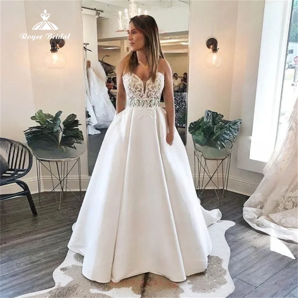 Vestido de novia de satén sin mangas para mujer, traje elegante con apliques de encaje, escote Corazón, 2024