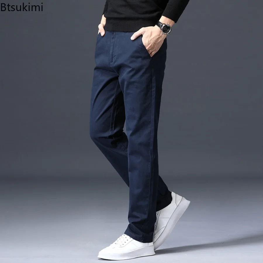 Spring New Men's Casual Pants Trend Design Versatile Cotton Trousers Basic Straight Solid Loose Business Formal Trousers for Men