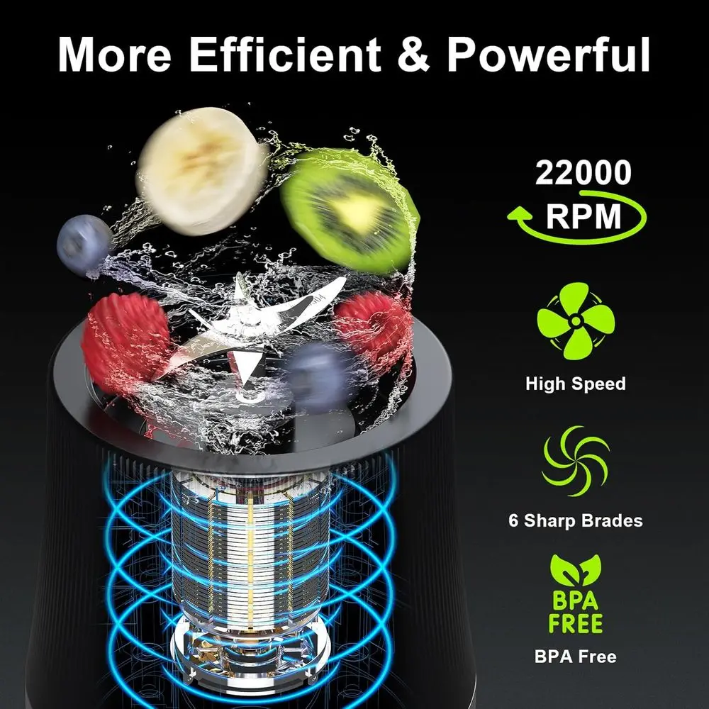 Portable Blender, 17oz Personal Blender with 6 Stainless Steel Blades, USB-C Rechargeable, LED Display, Compact Travel Juicer wi