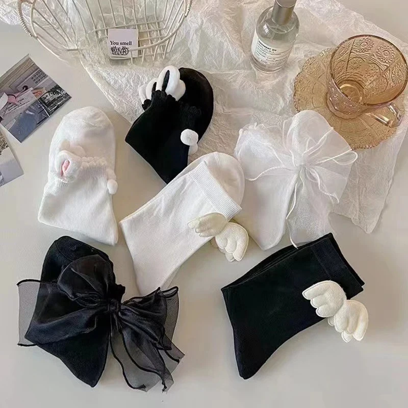 

Lace Ruffle JK Girl Socks Cute Rabbit Ear Bow Wing Women Long Socks Autumn Warm Middle Tube Sock Black White Cotton Sokken Sox
