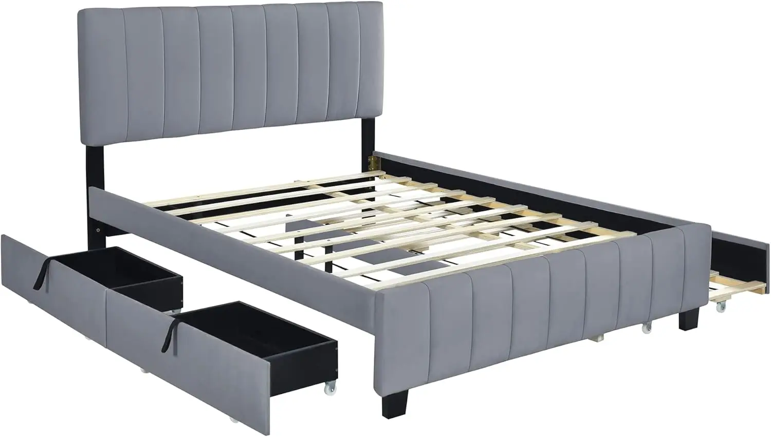 Velvet Queen Platform Bed With 2 Drawers & 1 Twin Xl Trundle, Upholstered Queen Size Bed Frame With Storage & Headboard For