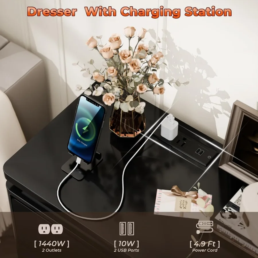 خزانة سوداء ذات 6 أدراج لغرفة النوم، خزانة ذات أدراج حديثة بطول 47.2 بوصة مع محطة شحن مدمجة وأضواء LED محيطة #3