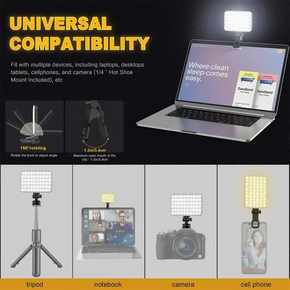 New LED High Power Rechargeable Clip Fill Video Light with Front & Back Clip Adjusted 7 Light Modes for Phone iPad