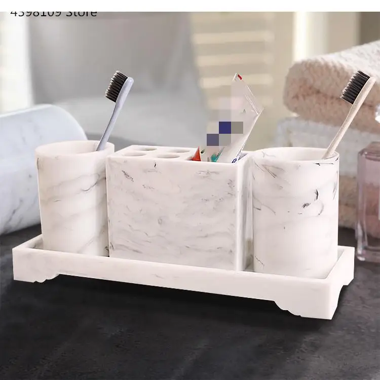 Bathroom Supplies Marble Texture Resin Accessories with Dispenser Toothbrush Holder Soap Toiletries