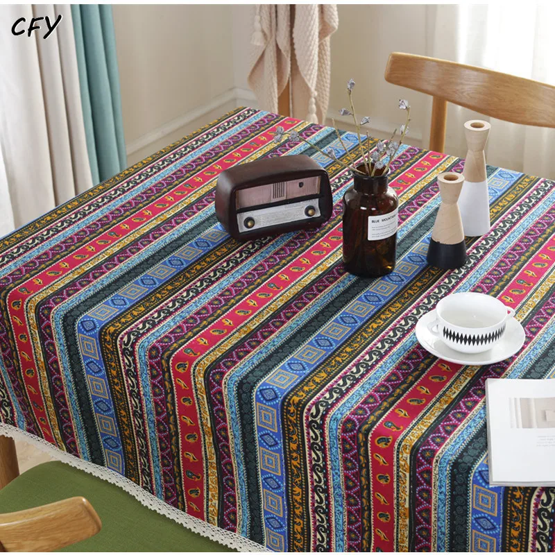 

Cotton LinenBohemian Striped Ethnic Rectangular Table Cloth Kitchen Table Map Towel Tablecloth Christmas Decoration