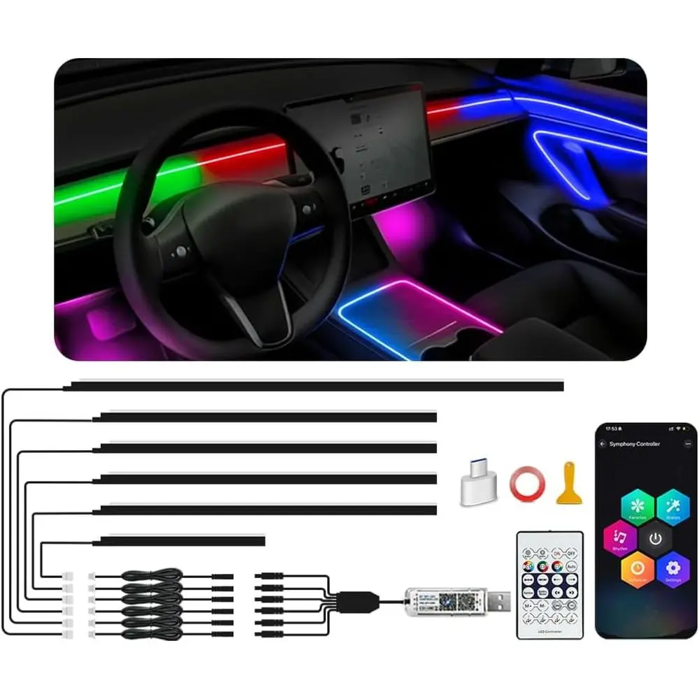 

Acrylic Ambient Lighting Car Interior, 6 in 1 Dream Color Acrylic Led Strips iber Optic Lights with APP USB Hub, 16 Million Col1