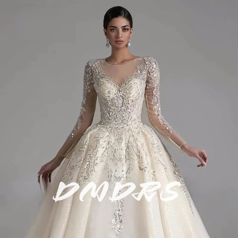 

Luxury O Neck Wedding Dresses Beading Sequins Lace Custom Made Dress For Bride Charming Ballgown Bridal Gown Vestido De Novia