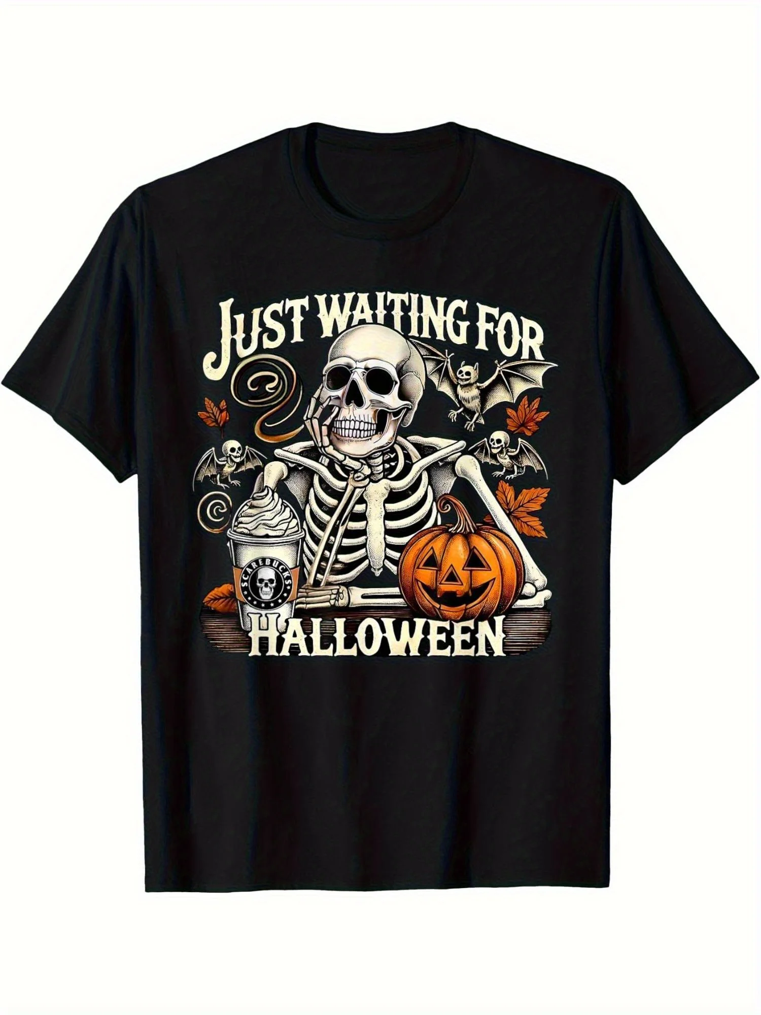 Unisex Halloween T-shirt - 100% katoen, skelet/Jack-O'-lantern/vleermuizen print, griezelig feestkostuum