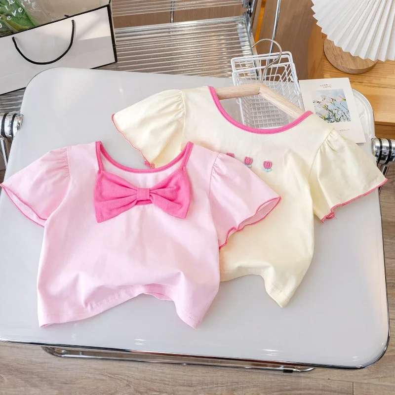 

Girls' Summer Short Sleeves 2025 New Style Western Bow Baby Round Neck Versatile Bubble Sleeve Top Trendy
