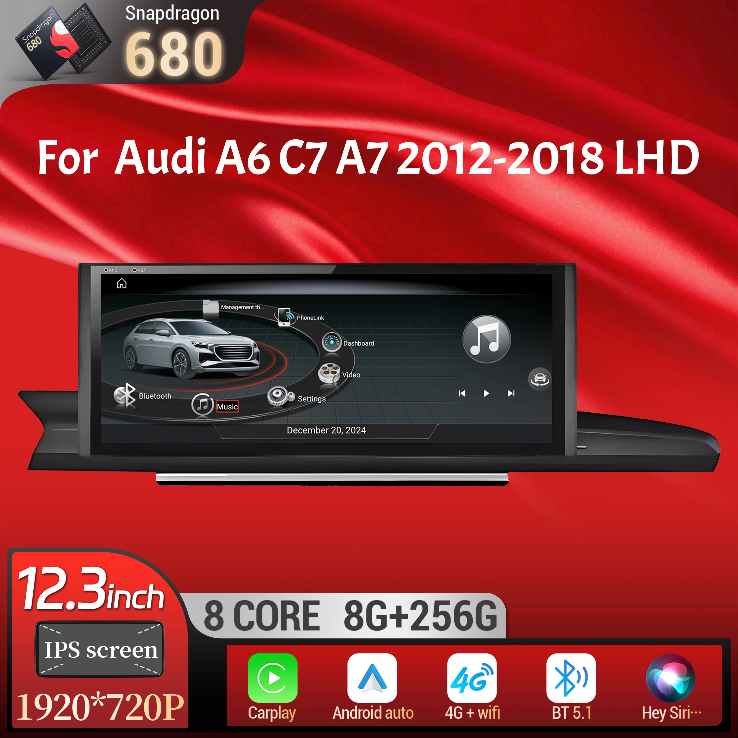 12.3 inch Left Hand Drive Android 14 Car Radio For Audi A6 C7 A7 2012-2018 Wireless Carplay Qualcomm Snapdragon 680 Touch Screen