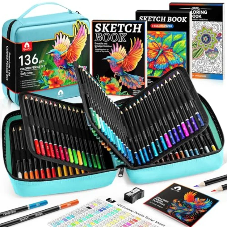 

136 PCS Colored Pencils Set for Adult Coloring Books 120 Colored Pencils with Sketchbook Coloring Book Sharpener Soft Core Sket