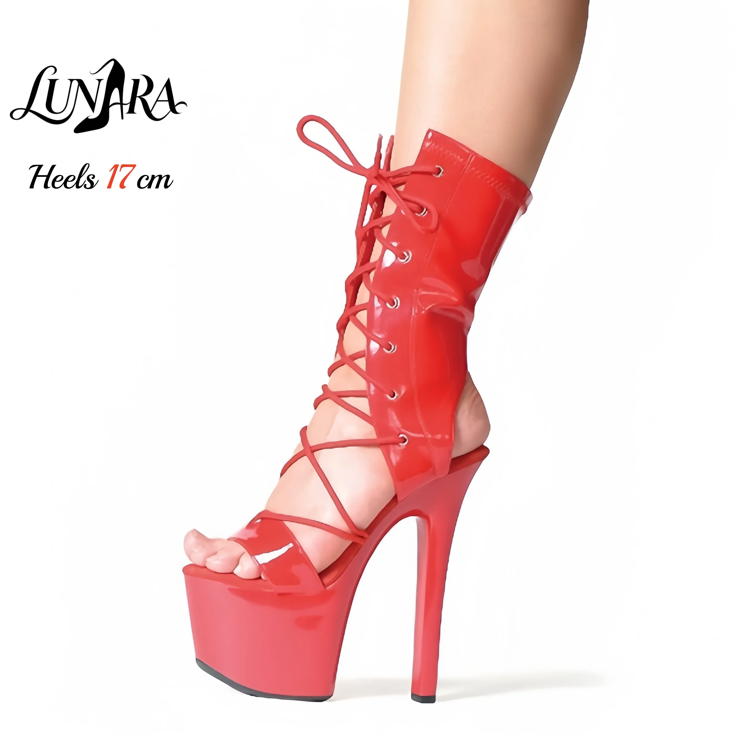 17cm/7Inch Rose Gold Metallic Lace-up Slingback Open toe Platform Stiletto Side zipper Ankle boot Exotic Pole dance Nightclub