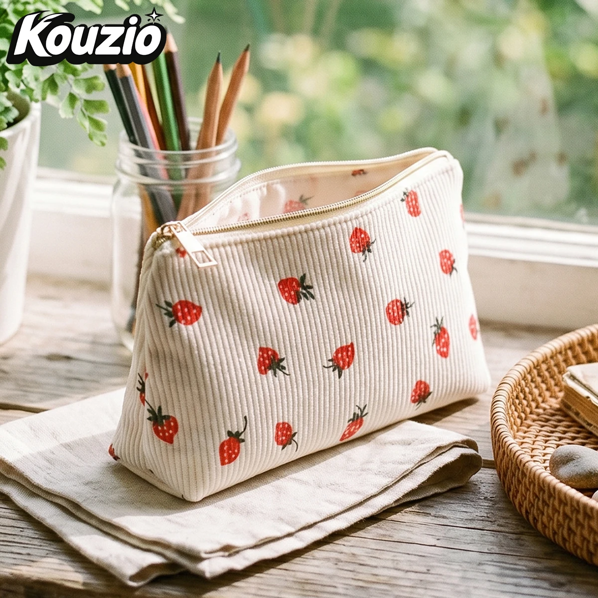 Strawberry Corduroy Triangle Pencil Case Zipper Pen Bag Unique Shape Stationery Organizer Vintage Style Back to School Supplies