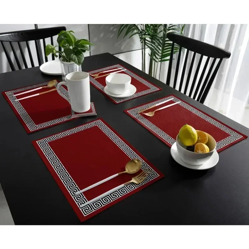 1/4pcs Solid Color Simple Chinese Pattern Dining Tables Decoration Kitchen Placemat Heat Resistant Linen Tableware Pad Table Mat