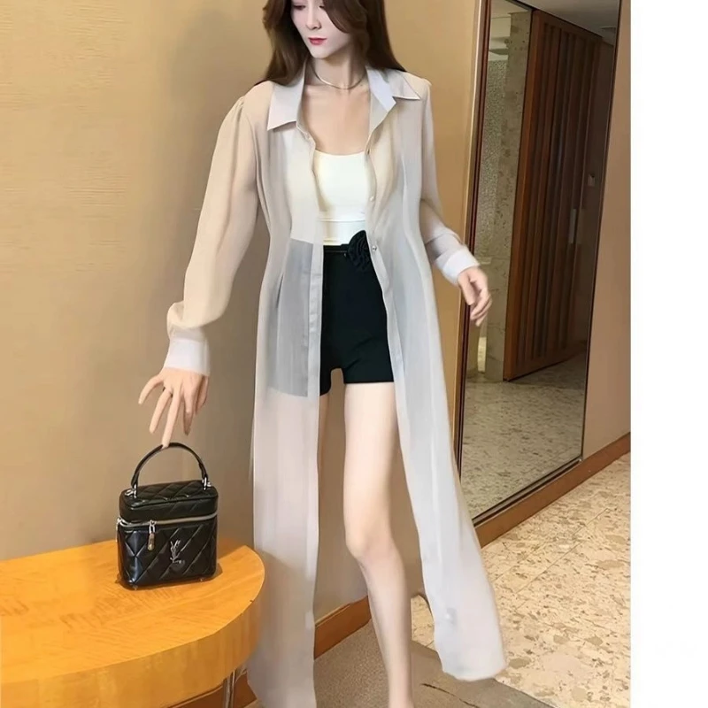 

Summer New Polo Neck Long Length Simplicity Casual Blouse Thin Solid All-match Fashion Shirt Tops Korean Trend Women Clothing