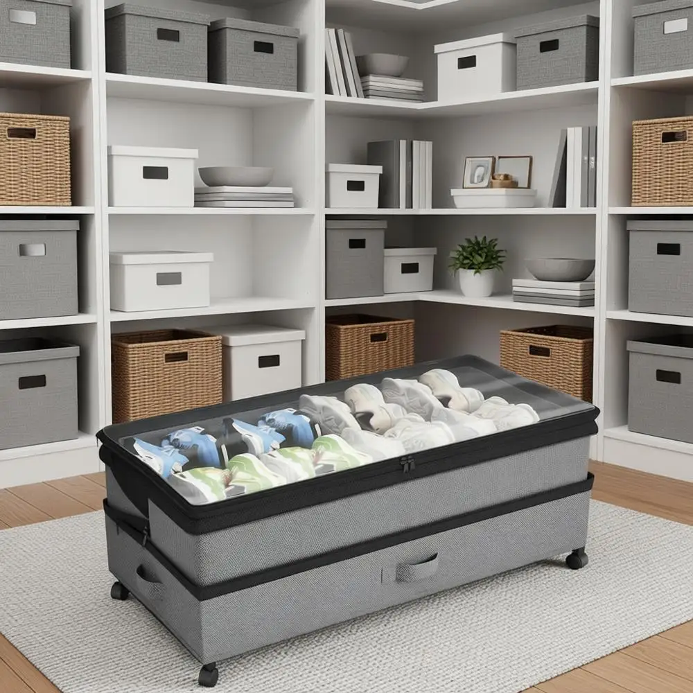 

Регулируемые по высоте контейнеры для хранения под кроватью с прозрачным окном и этикеткой, подходят для хранения одежды, серые