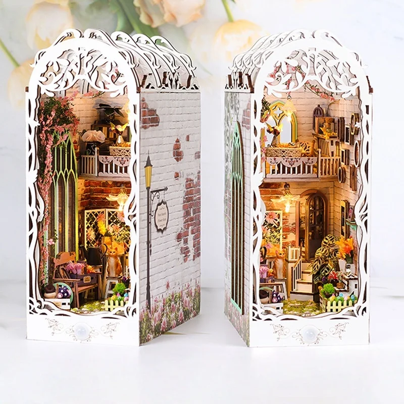 مجموعة أدوات DIY من Magic Sensing Bookend، منزل حديقة خشبي مصغر ثلاثي الأبعاد، هدية ديكور غرفة ذكية بإضاءة تلقائية #1