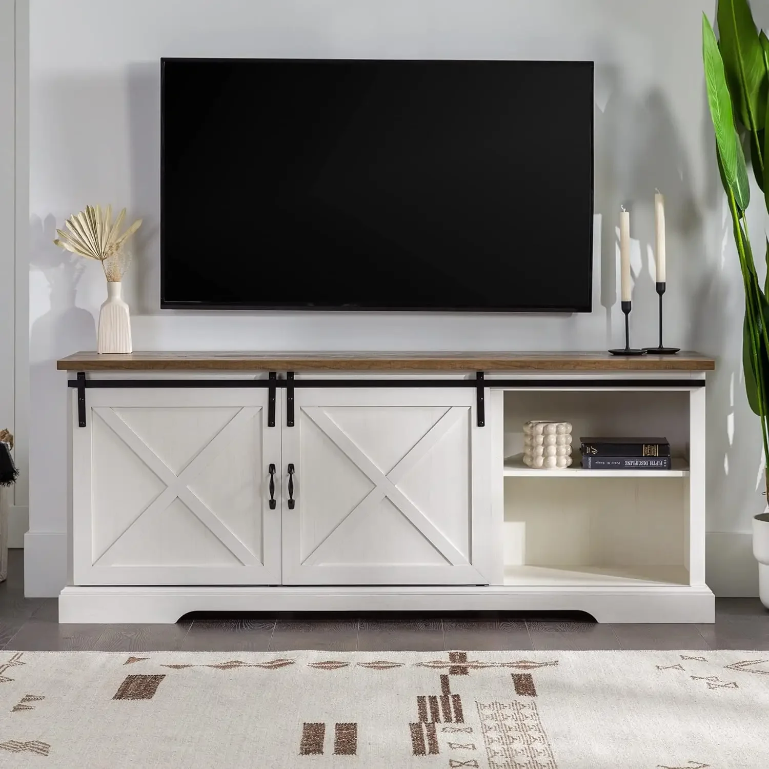 

Modern Farmhouse Sliding X Barn Door TV Stand for TVs up to 80 Inches, 70 Inch, Reclaimed Barnwood and Brushed White