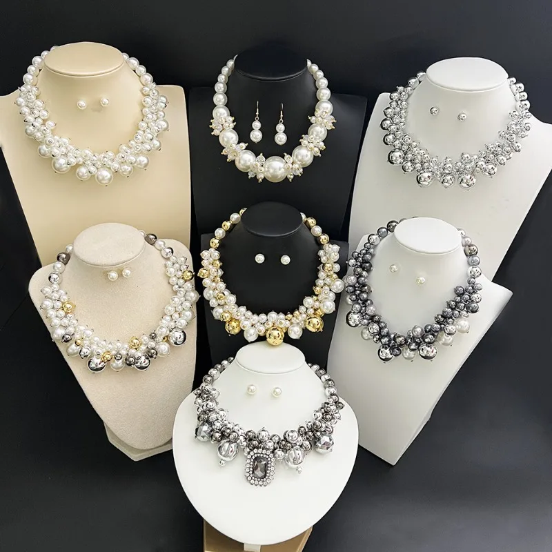 

Retro imitation pearl short neck chain exaggerated temperament necklace exquisite banquet accessories set chain