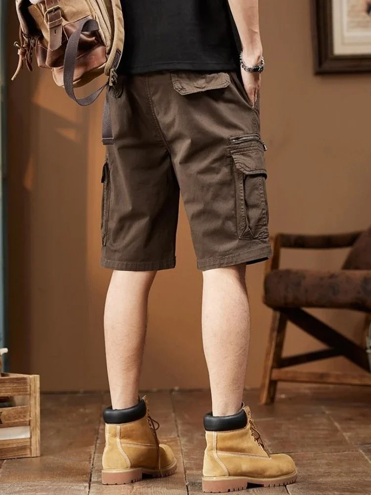バミューダ男性用ショートパンツ、伸縮性ウエスト、無地、ジッパー付きドローストリング、ゆったり、マルチポケット、ロング、ルーズ、メンズカーゴショーツ、ハーフワイド