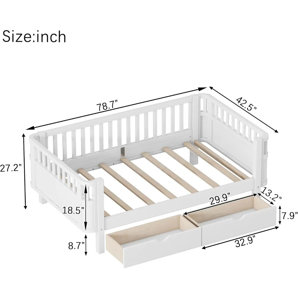 سرير أطفال مزدوج الحجم مع درابزين ودرجين بعجلتين، إطار سرير مونتيسوري خشبي منخفض المستوى مع دعم شرائح، توأم حديث