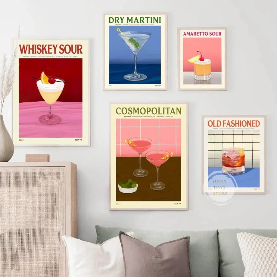 ملصقات وطباعة عصير فواكه الكوكتيل ابرول سبريتز سانغريا مشروب نيغروني مارتيني ويسكي لوحة قماشية نادي بار ديكور المنزل