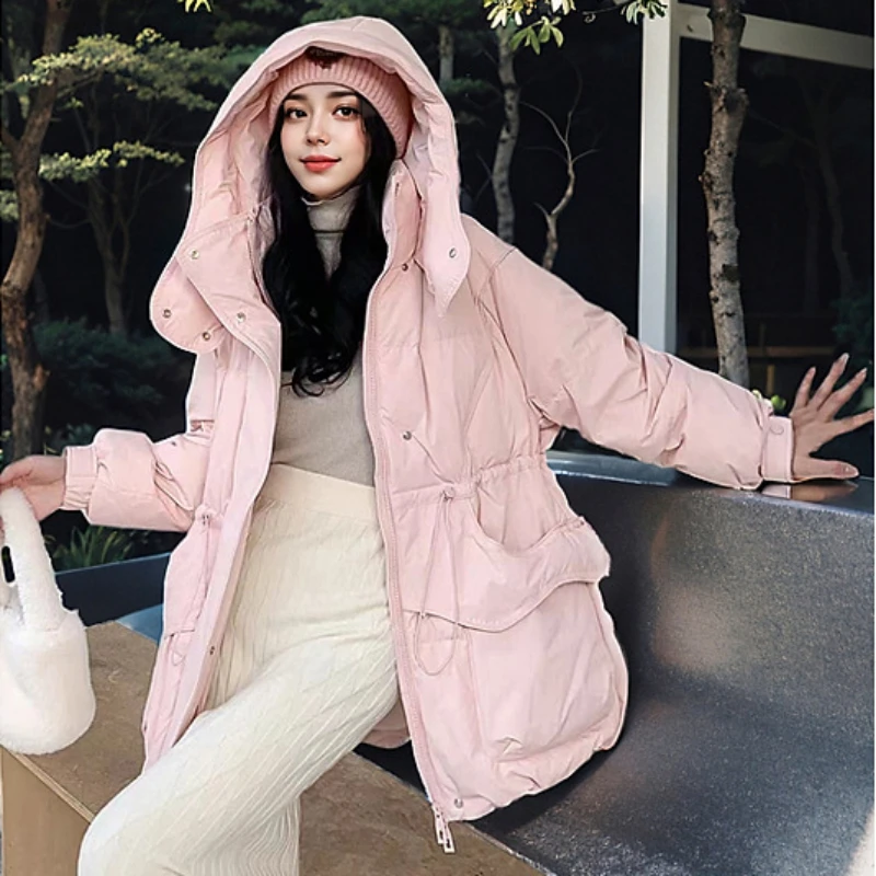 Women's Monochromatic Hooded Down Jacket, Loose, Slim, Long, Warm, Winter Coat, Street Beat Fashion, Casual Parka, New