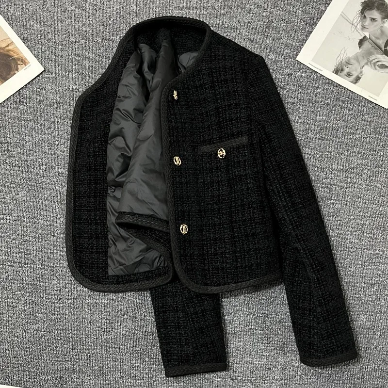 

Женская черная куртка из грубой шерсти и хлопка, новинка осени/зимы 2026, модный маленький светский топ в ароматном стиле